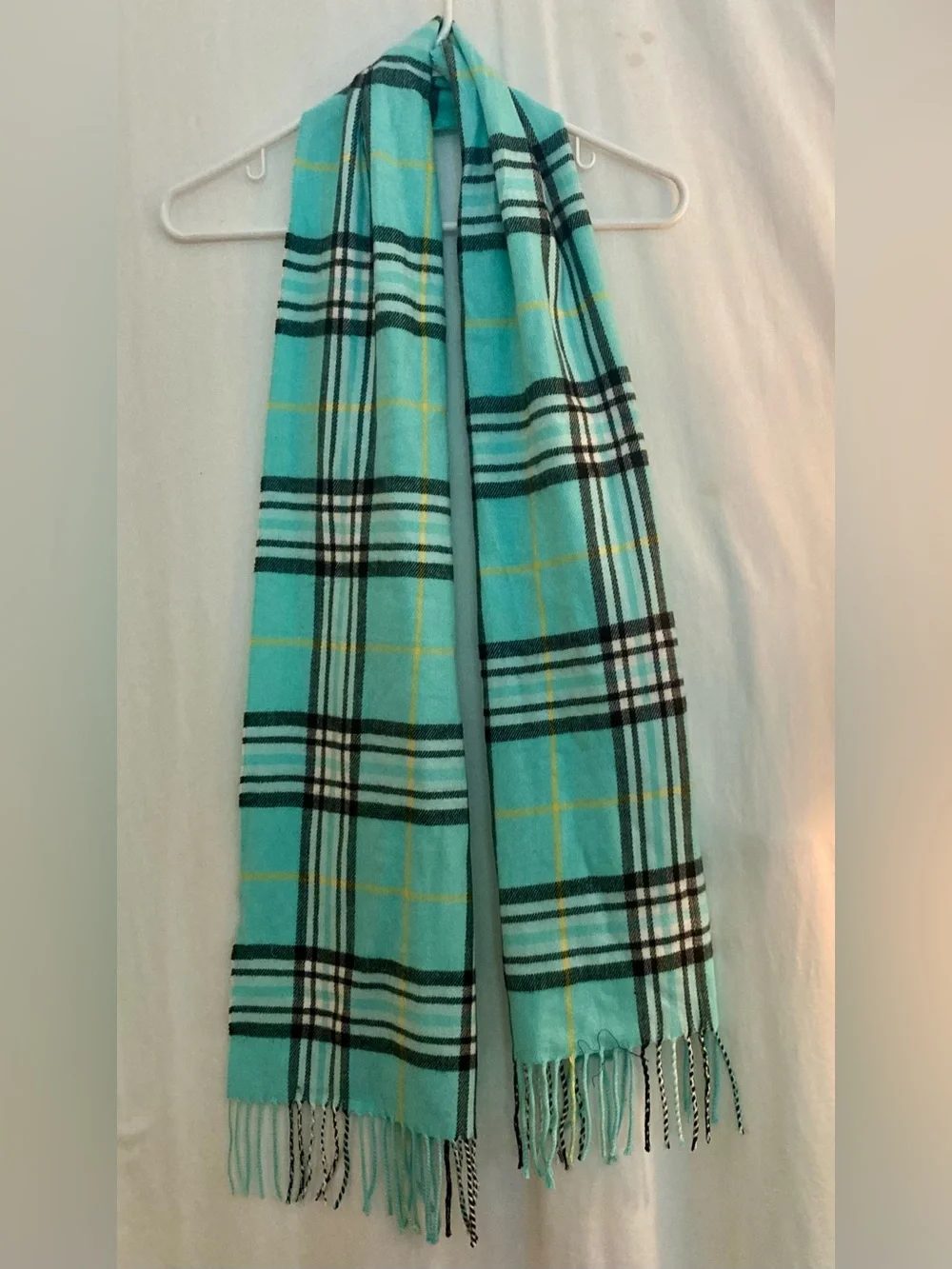 Turquoise Cashmere Feel Plaid Scarf with Fringe Size 76”x13”